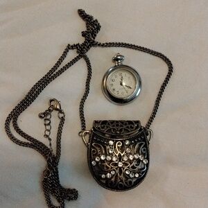 Vintage Pocket Watch In  Antique Gold Tone Purse Type Necklace.
